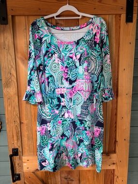 Lilly Pulitzer Elephant Floral Navy & Aqua Shift Dress